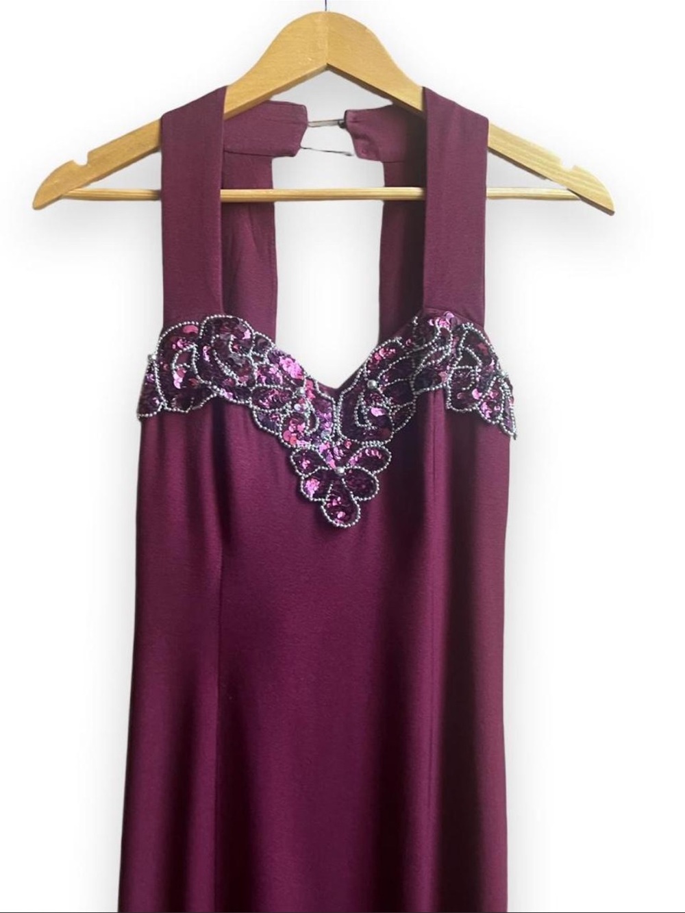 Vintage 80’s Burgundy Halter Maxi Dress w/ Beaded, Statement Neckline & Slit.
